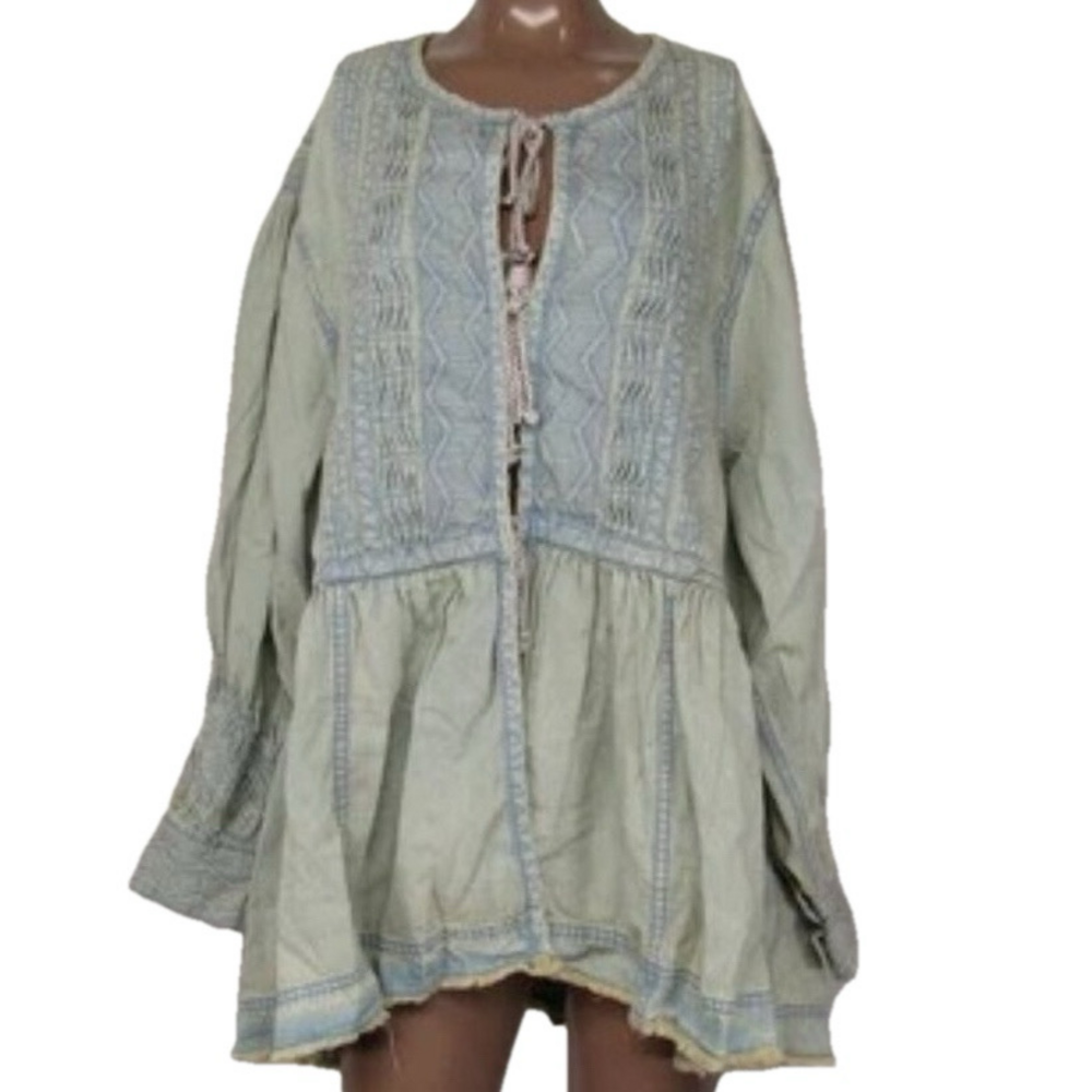 NEW FREE PEOPLE Womens Long Jacket Light Blue Size M Sweet Summer Bed Front Tie